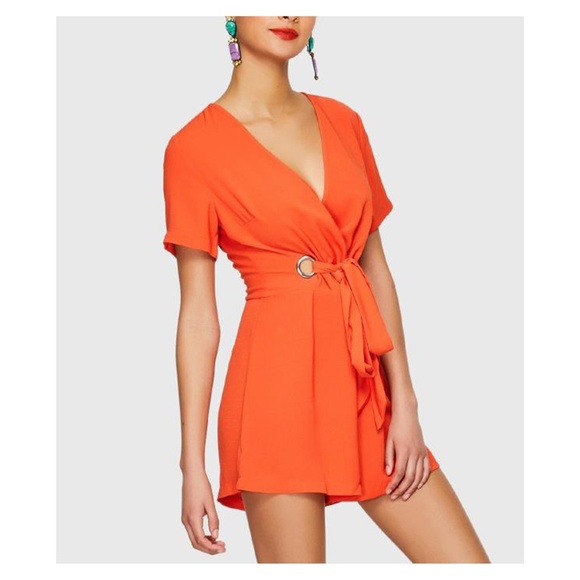 MBM Unlimited Pants - Bright Orange V Neck Short Sleeve Knot Romper